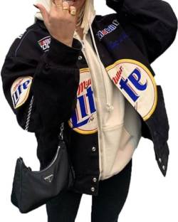 ticticlily Bomberjacke Damen Sweatjacke mit Reißverschluss Für Frauen Oversized Patchwork Vintage Druck Jacken Baseball Sport Jacke College Sweat Jacket A11 Schwarz S von ticticlily