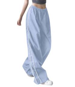 ticticlily Cargohose Fallschirmhosen Damen Y2k Baggy Lange Elastizität Taille Weites Gerades Bein Hose Hiphop Casual Parachute Hosen mit Taschen A Blau M von ticticlily