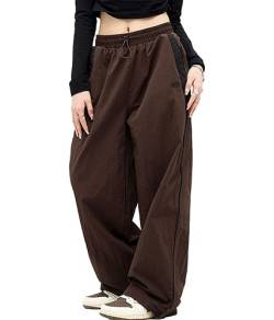 ticticlily Cargohosen Damen Weite Beine Fallschirm Hose Breites Bein Y2K Baggy Freizeithose Elastizität Lässige Wanderhose mit Taschen Parachute Pants A Braun L von ticticlily