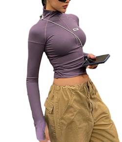 ticticlily Crop Top Damen Sexy Y2K Vintage Retro Sommer Cropped Top Langarmshirt mit Reißverschluss T-Shirt Enge Zip Up Casual Kurzarm Langarm Tee Shirt Streetwear C Violett S von ticticlily