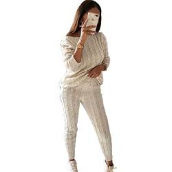 ticticlily Damen 2 teilige Strickanzug Winter Strickpullover und Hosen Freizeitanzug Hausanzug Causal Anzug Outfit Warm Loungewear Zweiteilige Jogginganzug Langarm Oberteil Tops A Beige S von ticticlily