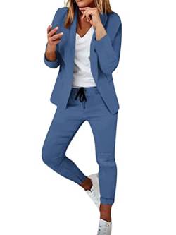 ticticlily Damen Anzug Festlich Sportlich 2 Stück Set Blazer Hose Set Revers Büro Business Hosenanzug 2-teiliger Streetwear Anzugjacke und Anzughosen Casual Outfit A Blau XL von ticticlily