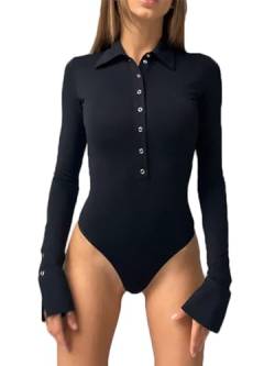 ticticlily Damen Body Elegant Sexy Langarm V-Ausschnitts mit Knöpfen Bodies Unterhemd Casual Bodycon Langarmshirt Bodysuit Einteiliger Oberteile Top A Schwarz M von ticticlily