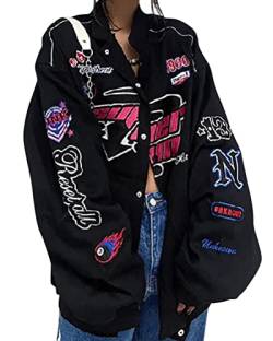 ticticlily Damen Bomberjacke College Oversized Patchwork Bedruckte Jacke Vintage Racing Pailletten Reißverschluss Langarm Sweat Jacket Baseball Jacke Outwear mit Taschen Übergangsjacke A1 Schwarz XL von ticticlily