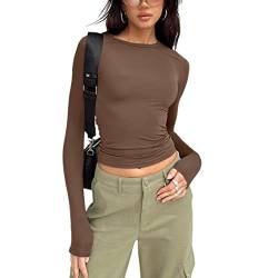 ticticlily Damen Causal Einfarbiges Langarmshirt Elegantes Sweatshirt Damen Crop T-Shirt Bauchfrei Oberteile B Braun M von ticticlily