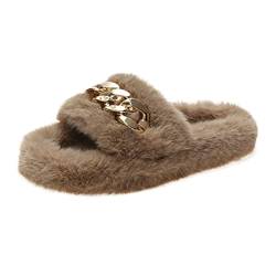 ticticlily Damen Hausschuhe Offene Zeh Flauschige Pantoffeln Plüsch Latschen Warme Frauen Badelatschen Flache Sandalen Sommer Winter Slides Fluffy Slipper Metallkette Hausschuhe A Khaki 37 EU von ticticlily