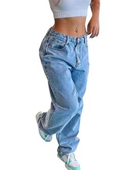 ticticlily Damen Jeanshosen Vintage Hohe Taille Straight Jeans Gewaschene Jeans Y2K Mode Denim Hose Baggy Jeans Weites Bein Gerade Denim Hose Lose E-Girl 90er Streetwear Hosen N Blau XL von ticticlily