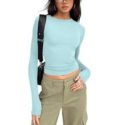 ticticlily Damen Langarm Crop T-Shirt Top Bauchfrei Oberteile Casual Sexy Tops Langarmshirts Langarmtops Pullover Lässig T-Shirts Basic Slim Oberteil B Hellblau XS von ticticlily