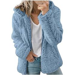 ticticlily Damen Mantel Teddy Plüschmantel Fleecejacken Herbst Winter Jacken Übergangsjacken Kuschelig Lose Casual Kapuzenmantel Flauschjacke Damenbekleidung Große Größen A Hellblau XXL von ticticlily