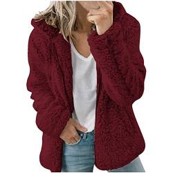 ticticlily Damen Mantel Teddy Plüschmantel Fleecejacken Herbst Winter Jacken Übergangsjacken Kuschelig Lose Casual Kapuzenmantel Flauschjacke Damenbekleidung Große Größen A Weinrot M von ticticlily