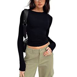 ticticlily Damen Rückenfrei T-Shirt Y2K Langarm Crop Top Sexy Rücken Oberteile Y2K Party Cropped Tee Shirts Teenage Aesthetic Mädchen Outfits Rundhals Langarmshirt Streetwear B Schwarz XS von ticticlily