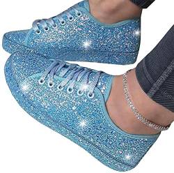 ticticlily Damen Schuhe Mode Strass Pailletten Beiläufig Sport Outdoor Leichtgewichts Laufschuhe Schnürsenkel Walkingschuhe Wanderschuhe A Blau 41 EU von ticticlily