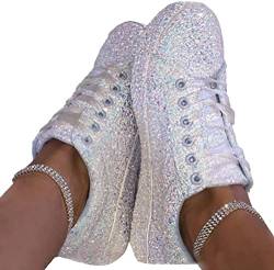 ticticlily Damen Sneakers Slip On Schnürsenkel Strass Pailletten Bequem Leichte Atmungsaktiv Freizeitschuhe Walking Outdoor Gym A Weiß 42 EU von ticticlily