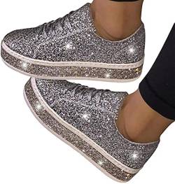 ticticlily Damen Sneakers Slip On Schnürsenkel Strass Pailletten Bequem Leichte Atmungsaktiv Freizeitschuhe Walking Outdoor Gym B Silber 39 EU von ticticlily