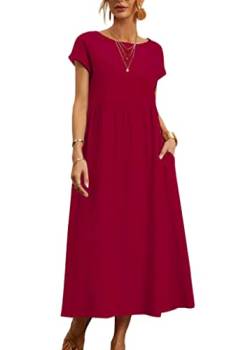 ticticlily Damen Sommekleider Leinen Baumwolle Kleid Kurzarm Rundhals Casual Lose Strand Boho Kleider Freizeitkleider T-Shirts Tunika Kleider Midikleid Maxikleid Jumpsuitkleid A Rot XL von ticticlily