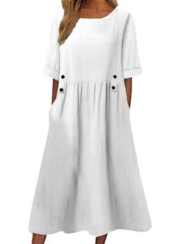 ticticlily Damen Sommekleider Leinen Baumwolle Kleid Kurzarm Rundhals Casual Lose Strand Boho Kleider Freizeitkleider T-Shirts Tunika Kleider Midikleid Maxikleid Jumpsuitkleid D Weiß L von ticticlily