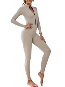 ticticlily Damen Sport Jumpsuit Lang Eng Yoga Bodysuit Overall Stretch Langarm Bodycon Strampler Sportanzug Einteiler Hosenanzug Trainingsanzug Workout Gerippte Overall Einteiligem A Beige XS von ticticlily