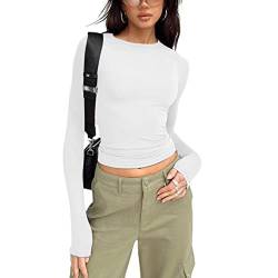 ticticlily Damen Y2K Top T-Shirt Langarm Crop Top Slim Falten Oberteil Cropped Bluse Cropped Tee Shirts Teenage Aesthetic Mädchen Langarmshirt Streetwear B Weiß S von ticticlily