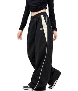 ticticlily Fallschirmhosen Damen Y2K Baggy Parachute Hosen Cargohose Sporthosen Lässige Freizeithose Weite Bein Teenager Trainingshosen Harajuku Retro Hose A Schwarz XL von ticticlily