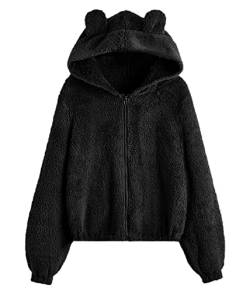 ticticlily Frauen Hoodies Mit Bären Ohren Plüsch Winter Warmer Mantel Jacke Outwear Langarm Hoodie Pullover Mädchen Langarm Casual Sweatshirts mit Teddy-Fleece Plüschmantel Wollmantel B2 Schwarz M von ticticlily