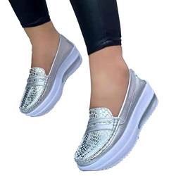 ticticlily Freizeitschuhe Damen Einzelne Schuhe Plateau Loafers Flache Schuhe mit Keilabsatz Schuhe Bequem Walking Shoes Halbschuhe Slip-On Arbeitsschuhe A Silber 37 EU von ticticlily