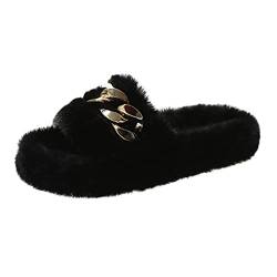 ticticlily Hausschuhe Damen Schlappen mit Fell Pelz Sandalen Weiche Pantoffel-Flipflops Pantoletten Sommer Flaumiger Slipper A Schwarz 39 EU von ticticlily