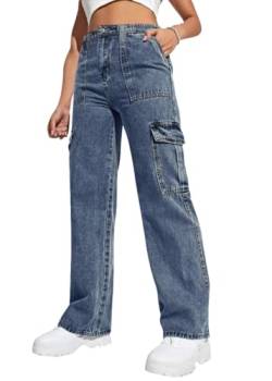 ticticlily Hosen Damen Baggy Jeans Y2K Hohe Taille Gewaschene Denim Cargo Hose mit Taschen Straight Wide Leg Koreanische Harajuku Mädchen Freizeithose A Dunkelblau XS von ticticlily