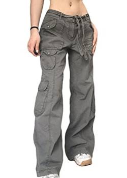 ticticlily Hosen Damen Cargohosen Y2K Freizeithose Breites Bein Low Waist Baggy Hose Outdoorhose Casual Vintage Straight Hose mit Multi Taschen Lässige Denim Wanderhose B Grau S von ticticlily