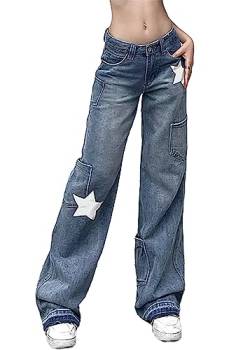 ticticlily Hosen Damen Jeans Baggy Straight Leg High Waist Weites Bein Lose Denim Hosen Casual Harajuku Jeanshosen Freizeithosen Boyfriend Harajuku Cargohose B3 Blau S von ticticlily