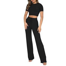 ticticlily Hosenanzug Damen Elegant 2 teiler Set Sommer T-Shirt Crop Tank Top und Hosen Lange Hohe Taille Casual Anzug Outfits Hosenanzüge Streetwear Loungewear Schwarz XL von ticticlily