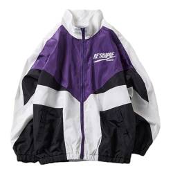 ticticlily Jacke Unisex Damen Herren Bomberjacke Sweatjacke Patchwork Bedruckte Jacke 90S Vintage Racing Jacken Oversized Retro Jacket D Violett S von ticticlily