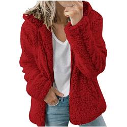 ticticlily Jacken Damen Plüsch Sherpa Teddy Mantel Casual Lässige Hoodie Pullover mit Kapuze Teddy-Fleece Winterjacke Kapuzenjacke Übergangsjacke Kunstfell Jacke für Damen Winter Herbst A Rot XXL von ticticlily