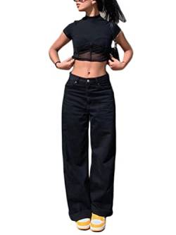 ticticlily Jeans Damen Hose Hohe Taille y2k Straight Stretch Gewaschene Jeanshose Push Up Vintage Boyfriend Denim Löcher Zerissene Ausgestellte Schlaghose für Damen C1 Schwarz XL von ticticlily