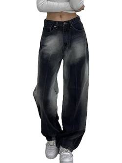 ticticlily Jeans Damen Y2K Style Weite Bein Gewaschene Denim Hosen Gerade Lose Straight Leg 90s E-Girl Casual Jeanshose Freizeithose Streetwear T4 Schwarz M von ticticlily