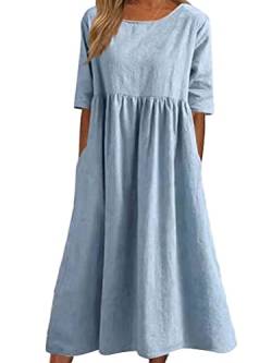 ticticlily Kleider Damen Baumwolle und Leinen Sommerkleid Midikleid Casual Lose Elegant Strandkleid Freizeitkleid Swing Tuniken Boho Langes Kleid Große Größe B Hellblau XXL von ticticlily