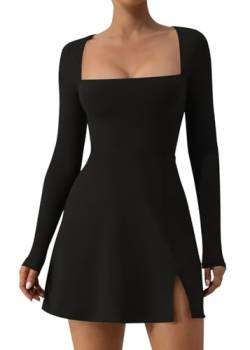 ticticlily Kleider Damen Casual Sexy Elegant Kurz Minikleider Einfarbig Langarm High Waist Bodycon A Linien Stretch Kleid für Frauen Sportbekleidung A Schwarz S von ticticlily