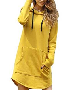 ticticlily Kleider Damen Pulloverkleid Pullikleid Kurz Knielang Sweatshirts Langarm Kapuzenpullover Casual Lose Einfarbig Mini Kleid Sweatshirtkleid Activewear Outwear Hoodie für Frauen C Gelb XL von ticticlily