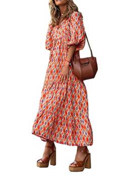 ticticlily Kleider Damen Sommer Lange Elegant Boho Langarm mit V-Ausschnitts Sommerkleider Rüschen Boho Blumendrucken Casual Lose Swing Maxikeid Blumenkleid Strandkleid Frühling C Orange M von ticticlily