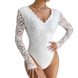 ticticlily Langarm Body Damen Sexy Elegant Bodysuit Bodycon Kurzarm V-Ausschnitt Transparente Damenbody Einteiler Overall Basic Unterhemd Oberteile Tops A1 Weiß M von ticticlily