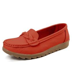 ticticlily Leder Bootsschuhe Damen Loafers Bequem Keilabsatz Slip On Mokassins Klassisch rutschfest Halbschuhe Fahren Slipper Freizeit Hausschuhe A Orange 36 EU von ticticlily