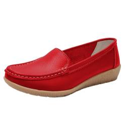 ticticlily Leder Bootsschuhe Damen Loafers Bequem Keilabsatz Slip On Mokassins Klassisch rutschfest Halbschuhe Fahren Slipper Freizeit Hausschuhe B Rot 38 EU von ticticlily