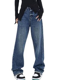 ticticlily Mädchen Baggy Cargo Hose, Elastisch Hohe Taille Gerade Weites Bein Streetwear Hose mit Mehreren Taschen Damen Jeanshosen O Blau M von ticticlily