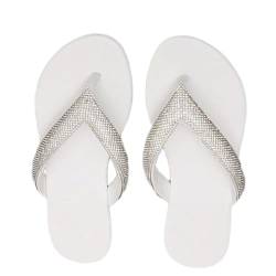 ticticlily Sandalen Damen Sommer Elegant Flache Strass Boho T-Riemen Weichen Sohlen Sommerschuhe Glitzer Flip Flops Strandschuhe C Weiß 43 EU von ticticlily