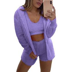 ticticlily Schlafanzug Damen 3 teiliges Set Freizeitanzug Crop Tops Cardigan Shorts Loungerwear Einfarbig Streetwear Causal Elegant Chic Outfit Activewear D Violett L von ticticlily