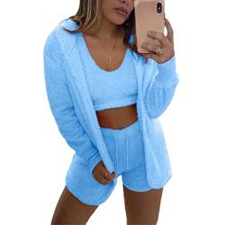 ticticlily Schlafanzug Damen Winter Hausanzug Plüsch Crop Tops und Hosen und Cardigan Jacke 3 Stücke Freizeitanzug Streetwear Mode Casual Sexy Elegant Outfit D Blau M von ticticlily