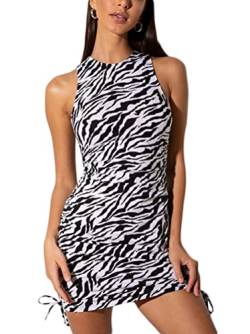 ticticlily Sommerkleid Damen Sexy Kurz Minikleid Ärmellos Bodycon Freizeit Casual Party A Linien Kleid Clubkleider Bleistiftkleider mit seitlichem Kordelzug Basic Y2K Kleider Zebra M von ticticlily