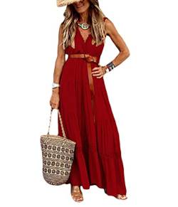 ticticlily Sommerkleider Damen Elegant Sexy Lange Festliche Große Größen Strandkleider Maxi Kleid Kurzarm Ärmellos Rückenfrei V-Ausschnitts Abendkleider Partykleider Lose Kleider für Damen A Rot XXL von ticticlily