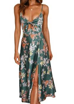 ticticlily Sommerkleider Damen Lang Maxikleid Elegant Sexy Strandkleider Spaghettiträger Ärmellos V-Ausschnitts Cut-Out Blumenkleid Boho Swing Kleid mit Schlitz Freizeitkleider B Grün S von ticticlily