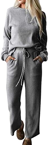 ticticlily Strickanzug Damen Pullover mit Kapuze und Hosen Jogging 2 Teiliges Set Freizeit Sportwear Jogginganzug Trainingsanzug Sportanzug Weich Freizeitbekleidung A Grau XXL von ticticlily