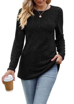 ticticlily Sweatshirt Damen Elegant Casual Langarmshirt Pullover T-Shirts Basic Pullover Lange Ärmel Rundhals Oberteile Longshirts Tunika Top Lässige Blusen A Schwarz XXL von ticticlily